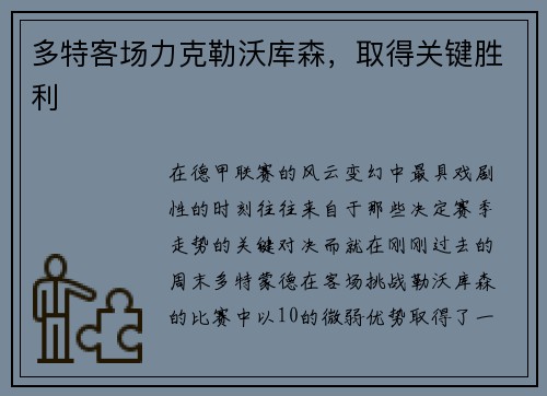 多特客场力克勒沃库森，取得关键胜利